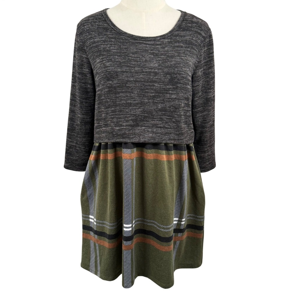Égs‎ California S Mini Dress Grey Green Plaid Mixed Media Pockets Fall